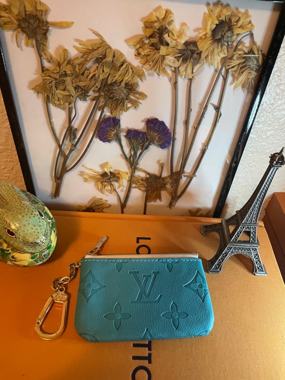 Turquoise Embossed Monogram Key Pouch with Gold Hardware. Closet clearout.